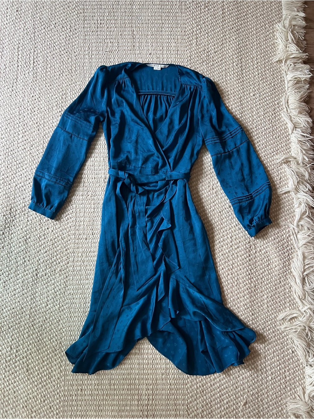 Veronica Beard Teal Wrap Dress with Ruffle Hem